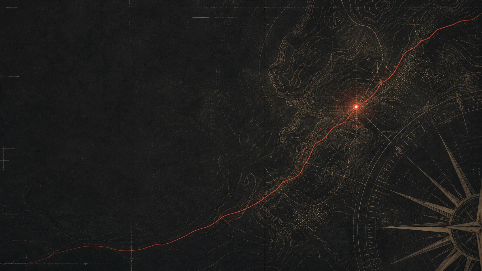 Abstract topographic route map with a compass and red signal line