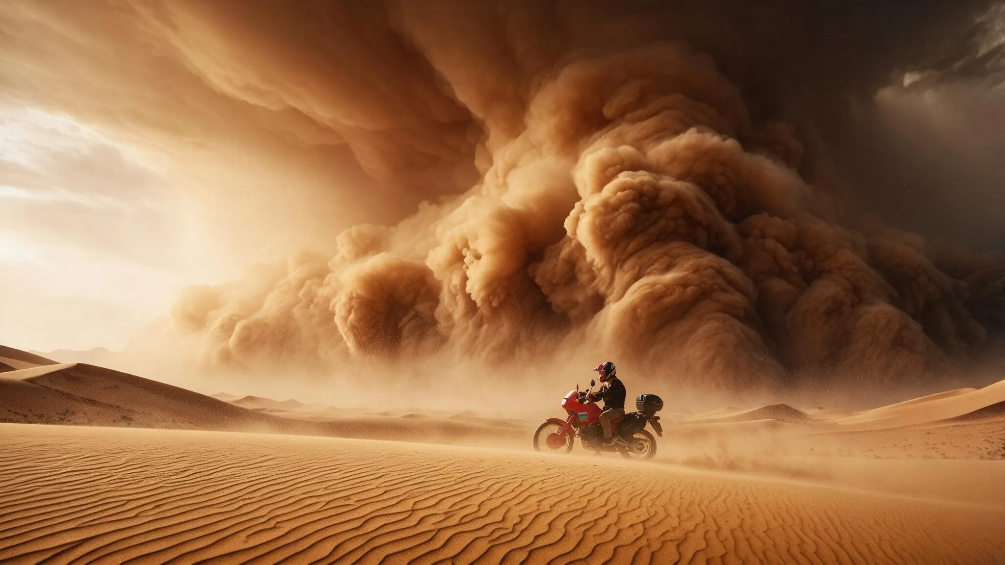 Rider on a red Honda Dominator in front of an advancing sandstorm