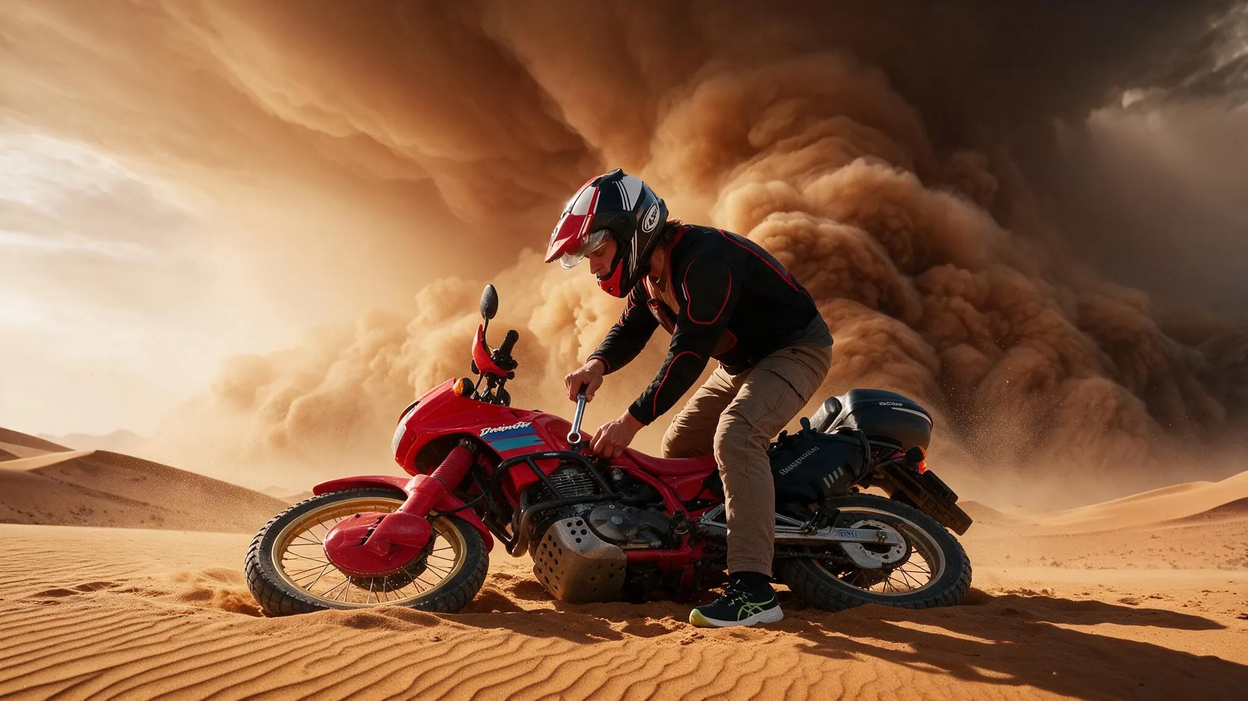 Working on the 1992 Dominator with a spanner while a sandstorm comes in
