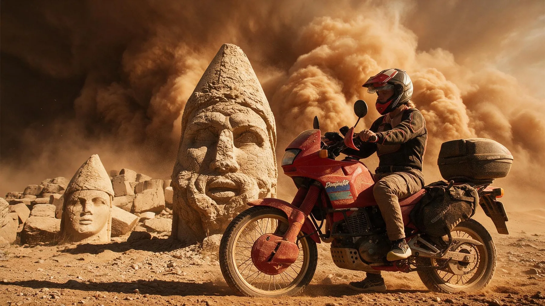 Rider on the Dominator beside the toppled stone heads of Nemrut Dagi in a dust storm